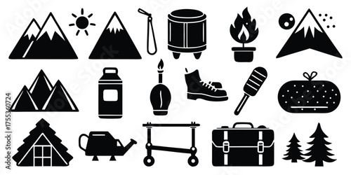 Collection of black silhouette icons representing camping hiking and outdoor adventure activities