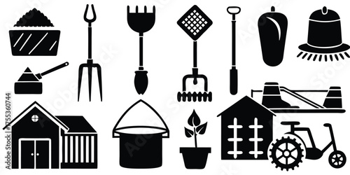 Collection of black silhouette garden tools and structures on a white background