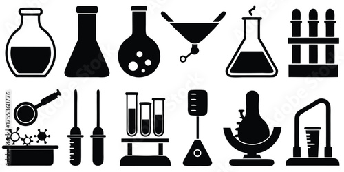 Collection of black silhouette scientific laboratory glassware and equipment icons set