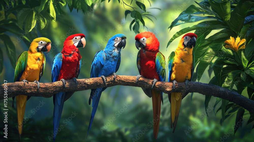 Obraz premium A vibrant digitally painted image of five vividly colored parrots perched on a branch in a lush jungle