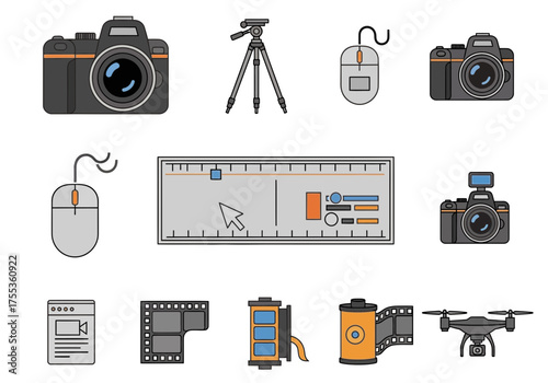 Collection of photographic and computing related icons representing photography tools and accessories and computing devices