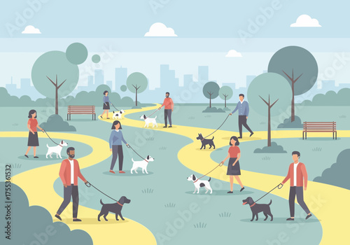 Park scene with people walking dogs in a sunny environment