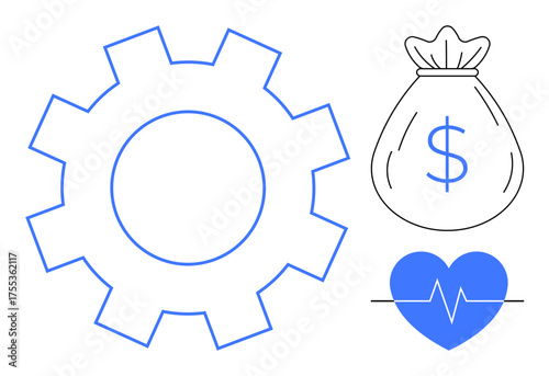 Large gear symbolizing productivity, money bag with dollar sign for finance, and heart with heartbeat line for health. Ideal for business, wellness, goals, economy, fitness, strategy simple flat