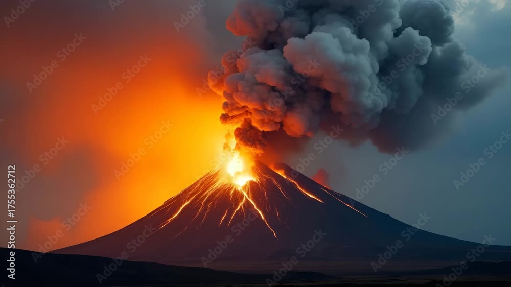Scenic volcano in action showing lava eruption and ash clouds dispersing into the atmosphere capturing dynamic force of nature and geological events in Photo Stock Concept and empty space on the le
