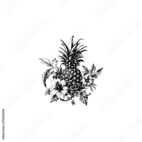 engraving illustration of a tropical pineapple fruit surrounded by hibiscus flowers and foliage