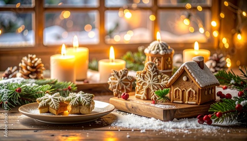クリスマスのディスプレー、クッキーで作られた美しい冬の街並みやかわいい家とキャンドルのある窓辺