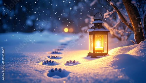 Wallpaper Mural 美しいランタンの光と雪の上に続く猫のかわいい足跡、冬の風景 Torontodigital.ca