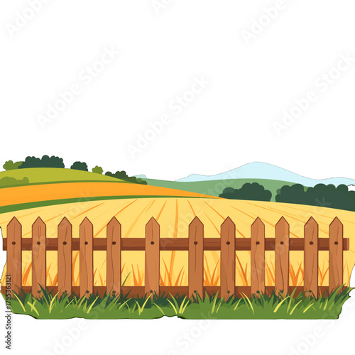 Pastoral Scene of Golden Field with Wooden Fence and Distant Mountains in Daytime