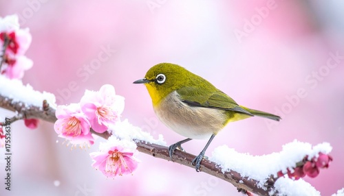 メジロと雪と花