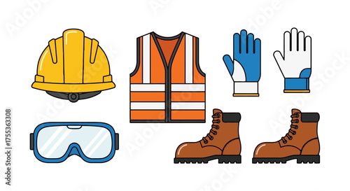 Construction Safety Gear Illustration Showcasing Essential Protective Equipment for Workplace Safety and Compliance on Construction Sites and Industrial Projects