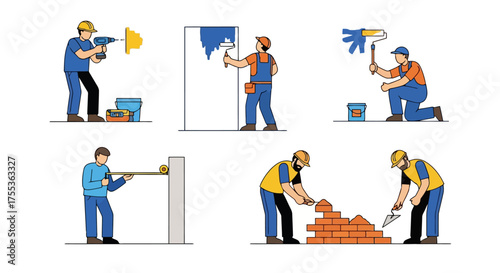 Construction Workers Performing Various Tasks, Illustrating Building, Repair, and Renovation Projects for Educational and Informational Content