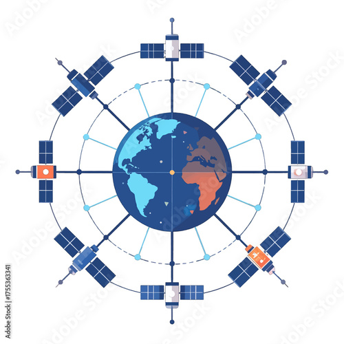 Global Satellite Network System Illustration in Pixel Art Style with Earth Surrounded by Satellites and Interconnected Blue Lines