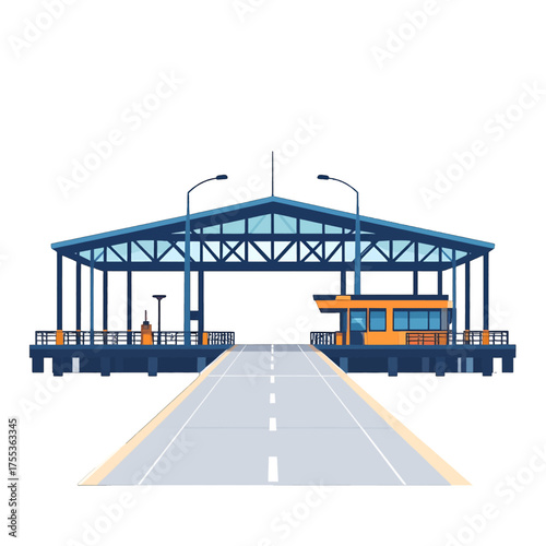 Road Leading to Blue Pixel Art Toll Booth Under a Covered Structure on a White Background in Simple Style