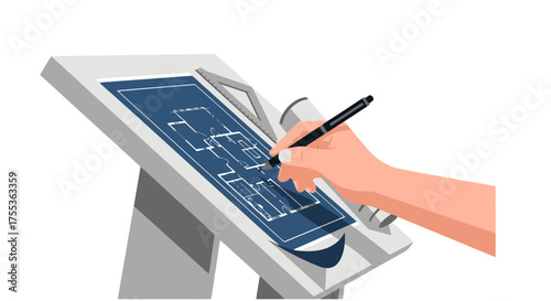 Architect's Hand Drawing Blueprint on Interactive Table for Digital Design and Construction Planning Presentations, Meeting, or Real Estate Development