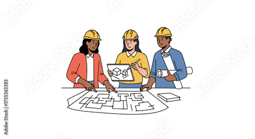 Collaborative architectural team reviewing blueprints and design sketches for a new building project, suitable for architecture, construction, and teamwork illustrations.