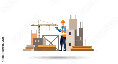 Construction site supervisor inspecting progress using a digital tablet for efficient project management and adherence to safety regulations, ideal for illustrating industrial development