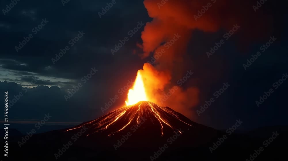 Nighttime shot of volcanic eruption with fiery molten lava spewing into ...