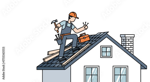 Cartoon Illustration of Roofer Repairing a House Roof, Ideal for Home Maintenance Guides and Construction Service Advertisements