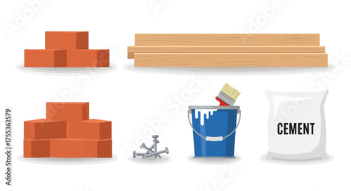 Construction materials illustration showcasing bricks, wood planks, cement, paint bucket and nails for DIY projects and building industry visuals.