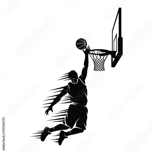 Dynamic basketball player silhouette soaring for slam dunk, showing power and motion in action, perfect for sports branding and energetic designs