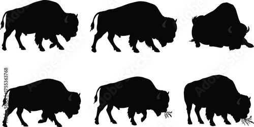PrintBison silhouette set, grazing, walking, lying, standing poses, wildlife vector, black animal shapes, nature illustration, farm animal clipart, editable