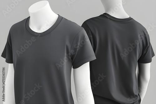 Realistic dark gray t-shirt mockup on a mannequin, front and back view
