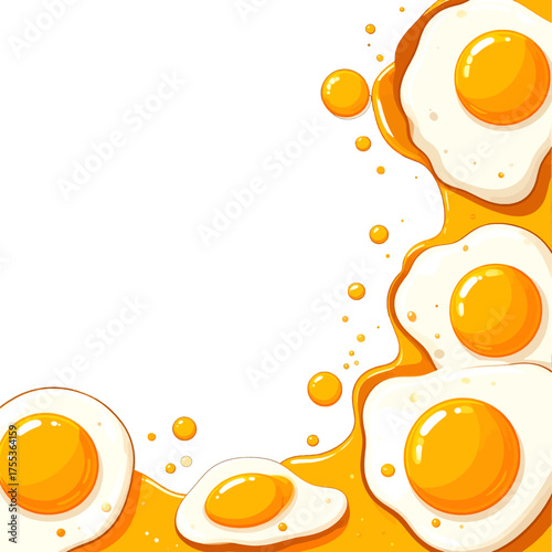 Scattered Sunny Side Up Eggs on Ocher Background with Pixel Art Style Border and Bright Yellow Yolk
