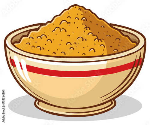 Yellow powder in bowl, kitchenware illustration, isolated object. Food concept.