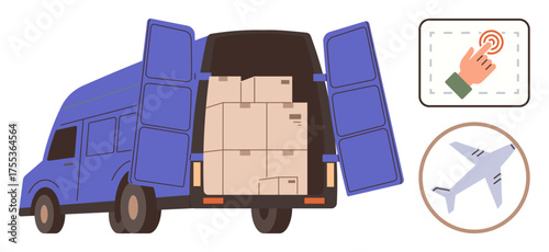 Delivery van loaded with boxes, airplane icon, and touch button signify shipping, e-commerce, delivery service, logistics, global transport, cargo handling, and technology in a simple flat metaphor