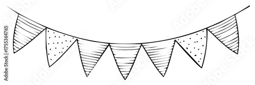 Hand drawn garland with pennants in different patterns, for decoration, celebration or festive events.