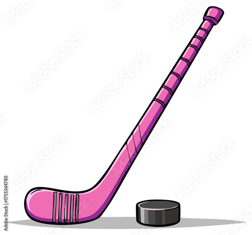 Cartoon Pink Hockey Stick and Puck, Game Equipment, Sports Gear for Ice Hockey
