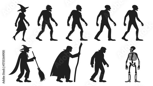 Halloween monsters silhouettes set. Witch, zombie, Dracula vampire and werewolf. Skeleton, mummy, ghost and Frankenstein monster. Cartoon characters flat illustrations