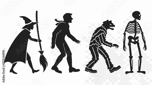 Halloween monsters silhouettes set. Witch, zombie, Dracula vampire and werewolf. Skeleton, mummy, ghost and Frankenstein monster. Cartoon characters flat illustrations