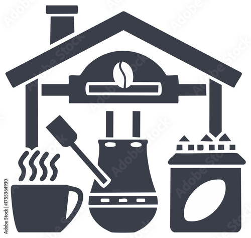 Coffee production and brewing icon with roaster traditional cezve pot and steaming mug