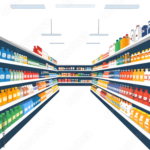 Perspective Supermarket Aisle View Full Of Products on Shelves in Warm Lighting With White Walls and Tile Flooring