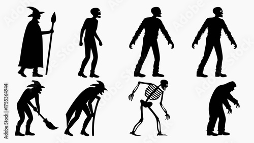 Halloween monsters silhouettes set. Witch, zombie, Dracula vampire and werewolf. Skeleton, mummy, ghost and Frankenstein monster. Cartoon characters flat illustrations