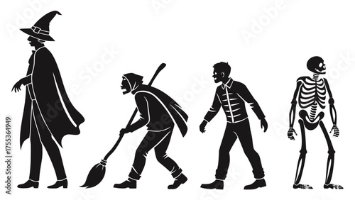 Halloween monsters silhouettes set. Witch, zombie, Dracula vampire and werewolf. Skeleton, mummy, ghost and Frankenstein monster. Cartoon characters flat illustrations