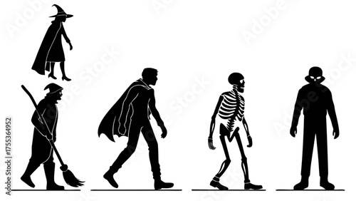 Halloween monsters silhouettes set. Witch, zombie, Dracula vampire and werewolf. Skeleton, mummy, ghost and Frankenstein monster. Cartoon characters flat illustrations