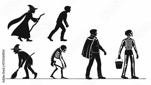 Halloween monsters silhouettes set. Witch, zombie, Dracula vampire and werewolf. Skeleton, mummy, ghost and Frankenstein monster. Cartoon characters flat illustrations