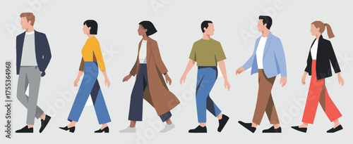 Diverse group of people walking together, promoting unity and community in various outfits