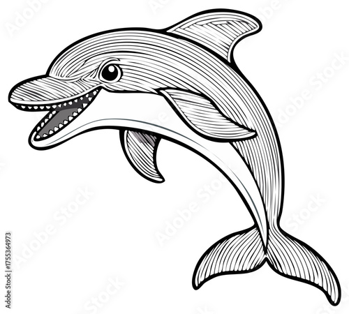 Dynamic leaping dolphin black and white line art illustration. Stylized marine animal with open mouth and textured linework ready for design.