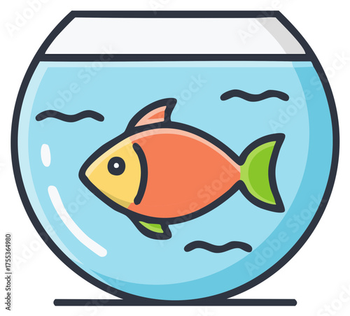 Cute cartoon goldfish swimming alone in a round glass fishbowl vector icon illustration