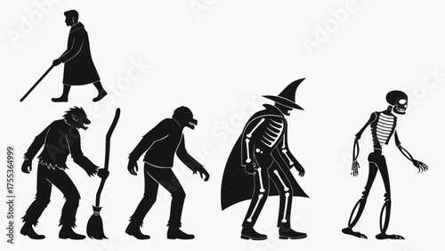 Halloween monsters silhouettes set. Witch, zombie, Dracula vampire and werewolf. Skeleton, mummy, ghost and Frankenstein monster. Cartoon characters flat illustrations