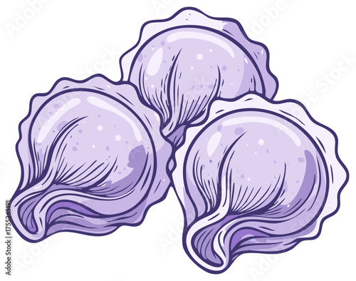 Illustration of three dumplings filled with meat or vegetables in light purple tones