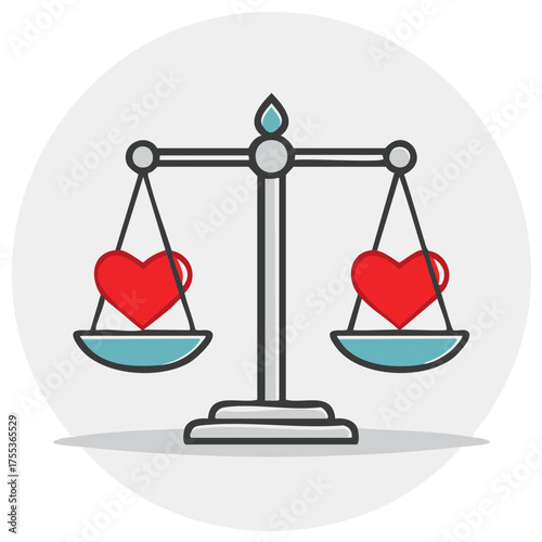 Hearts balanced on a weighing scale depicting love equality relationship fairness concept
