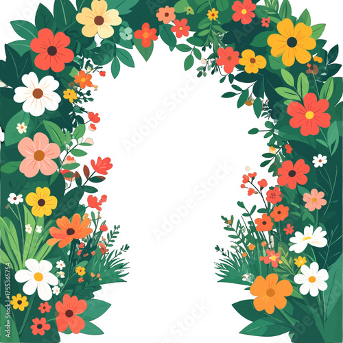 Floral Archway with Orange Yellow and White Flowers on a Lush Green Foliage Background in a Flat Cartoon Style Decorative Design for Graphic Elements