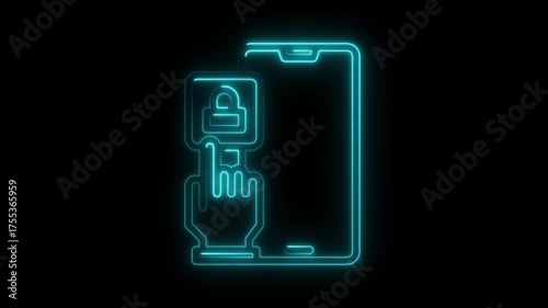 Cyan Neon Fingerprint Unlock Icon with Smartphone on Black Background mobile phone security