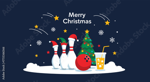 Merry christmas bowling celebration with festive holiday decorations and a refreshing drink.