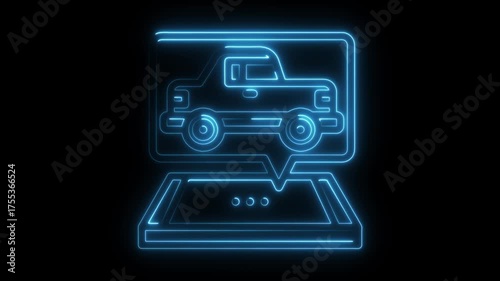 Blue Neon Pickup Truck Icon on Black Background vehicle transportation