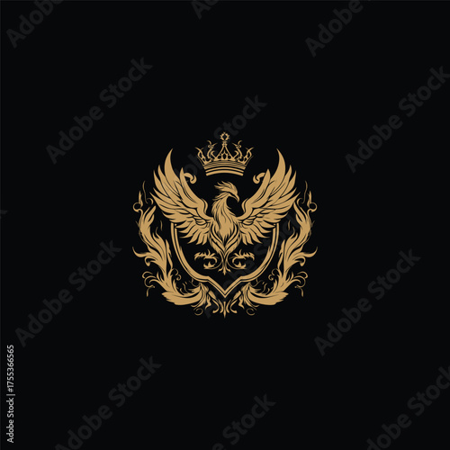 Majestic golden Phoenix bird heraldic crest logo crowned with a royal crown and resting on a shield